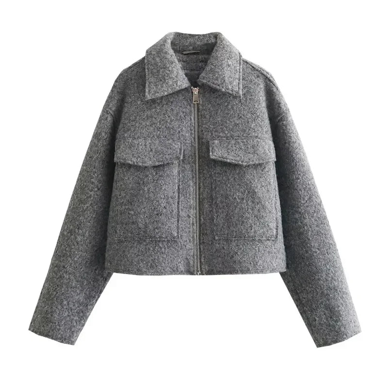 HXAO Women's Coats Autumn Winter Solid Short Coats For Women Tweed Faux Wool & Blends Coats Long Sleeve Cropped Womens Coat