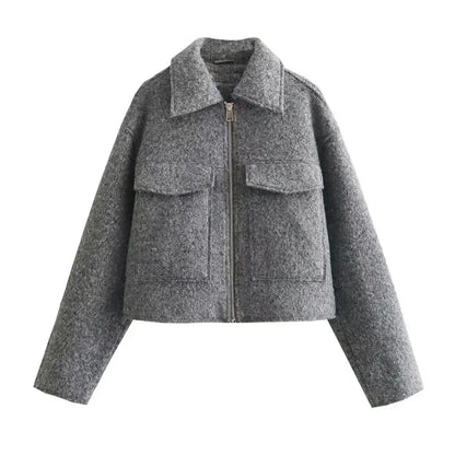 HXAO Women's Coats Autumn Winter Solid Short Coats For Women Tweed Faux Wool & Blends Coats Long Sleeve Cropped Womens Coat