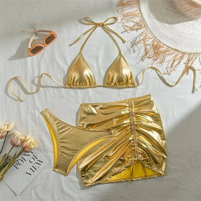 Gold Micro Thong String 3 Piece Bikini Set Damen Halter Swimwear Skirts Cover Ups Sexy Swimsuit Women 2026 Bathing Suit Bikinis