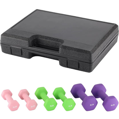 3 Pairs Non-Slip Anti-Roll Hex Dumbbell Set with Storage Box Neoprene Coated Plastic Steel Adjustable Dumbbells for Home Fitness