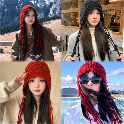 Women's Fashion Hand Woven Tassel Ball Knitted Hat Comfortable Warm Soft Skin-friendly Pullover Cap Street Photography Travel