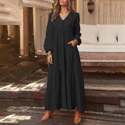 Cotton Linen Women Long Dress 2023 New Loose Fashion V-Neck Casual Solid Long Sleeve A-Line Sexy Dresses Elegant Ruffles Vestido