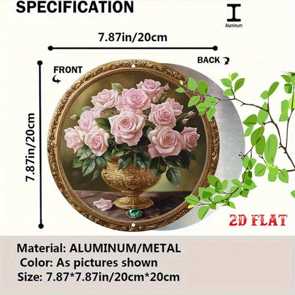 Classic Tin Decor-Elegant Gold-Framed Painting of Pink Roses in Ornate Vase,Round Poster for Living Room,Studio,or Diner Terrace