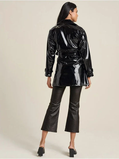 Women Faux Leather Jacket Coat Glossy Patent Leather Trench Overcoat With Belt Gothic Black PVC Laple Blazer Suit Pocket Custom