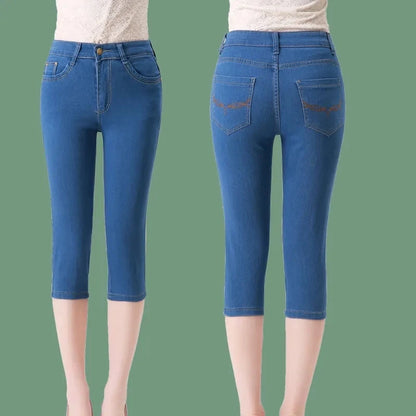 2025 New High waisted Women's Capri Denim Shorts Women Summer Thin Slim Vintage Jeans Stretch Short Straight leg Pants Leggings