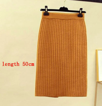 Mid-long Knitted Half-length Skirt Women's High waist One-step Skirt Autumn And Winter Hip Skirt Open-forked Elegant Skirts