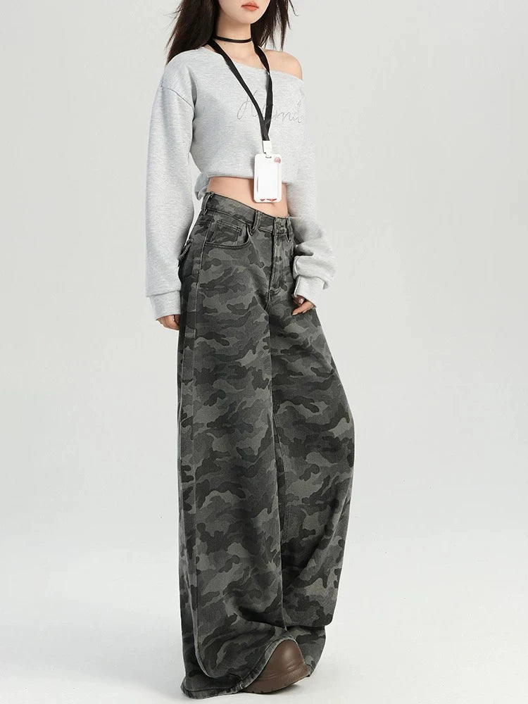 American High Street Fashion Cargo Pants Female Autumn Retro High Waist Women Pants Loose Slim Straight Leg Casual Woman Pants