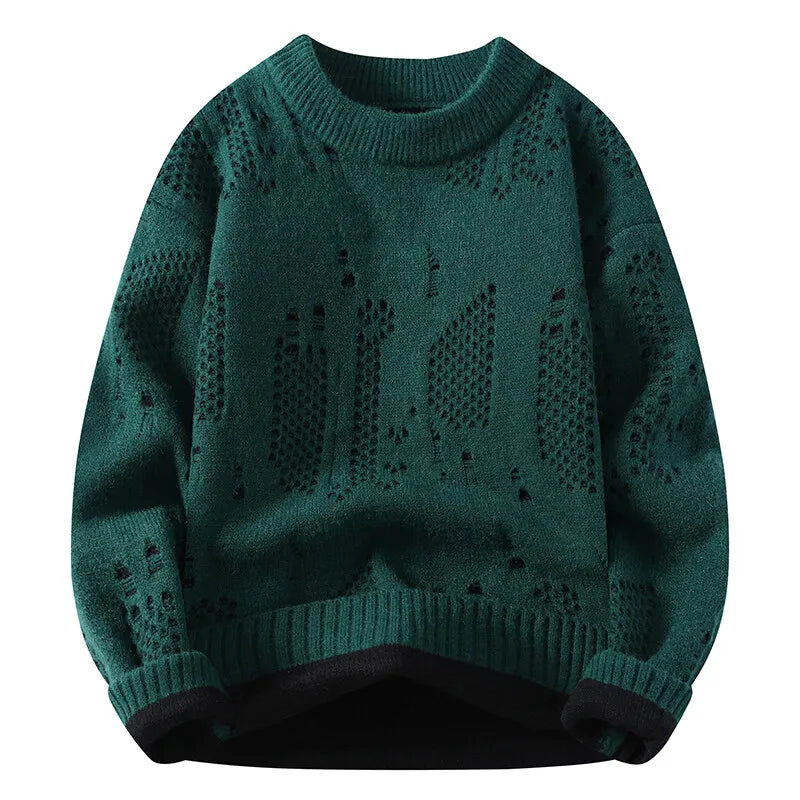 Autumn Winter Fashion Hole Knit Sweater Men O-Neck Solid Color Youthful Vitality Casual Knitted Pullovers Man Streetwear Sweater