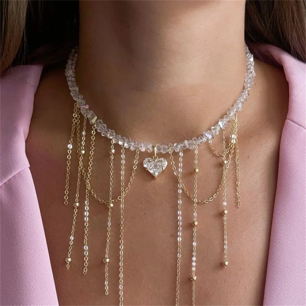 Fashion Vintage Tassels Zircon Heart Pendant Necklace For Women Female Boho Geometric Baroque Transparent Crystal  Chain Jewelry