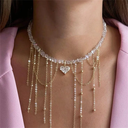 Fashion Vintage Tassels Zircon Heart Pendant Necklace For Women Female Boho Geometric Baroque Transparent Crystal  Chain Jewelry