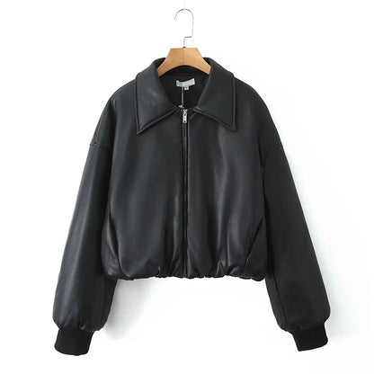 YENKYE Women Black Coffee Faux Leather Jacket Coat Long Sleeve Zipper Motorcycle Outerwear Female Autumn Winter Warm Coat Short