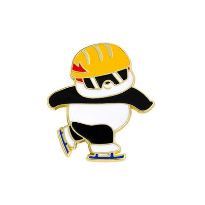 6 Styles Funny Winter Sports Panda Design Enamel Brooches Cartoon Animal Playing Skiing Fancy Speed Skating Curling Golden Pins