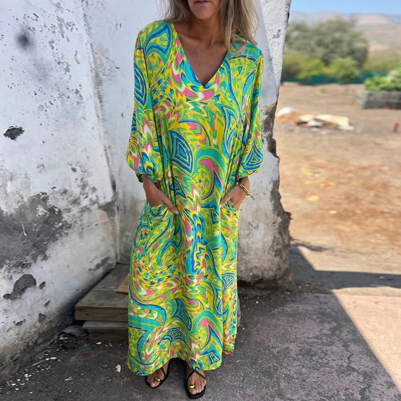 Vintage Leopard Print Loose Long Dresses Women 2025 Spring Elegant V Neck Pocket Maxi Dress Autumn 3/4 Sleeve Boho Holiday Dress