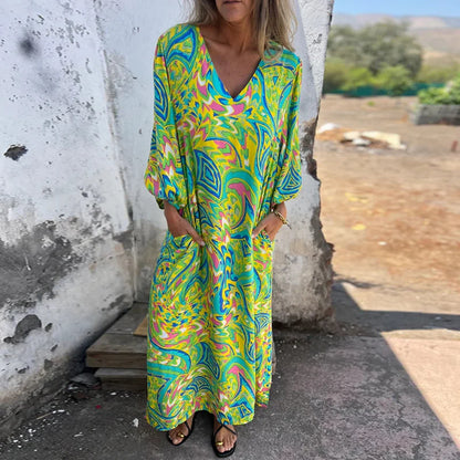 Vintage Leopard Print Loose Long Dresses Women 2025 Spring Elegant V Neck Pocket Maxi Dress Autumn 3/4 Sleeve Boho Holiday Dress