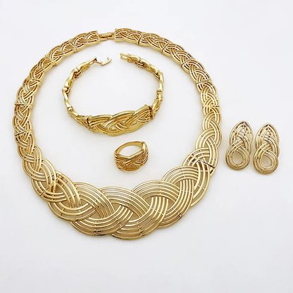 Fashion 18K Gold Plated Jewelry Set For Women Classic Design Woven Pattern Necklace Earrings Bracelet And Ring 4PCS Set Jewelry