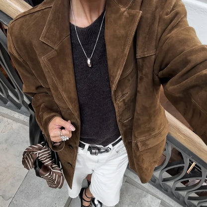 Talenza Vintage Women's Suede Leather Jacket Single Breasted Lapel Brown Blazer Loose Coats 2025 Autumn Office Lady Outerwears