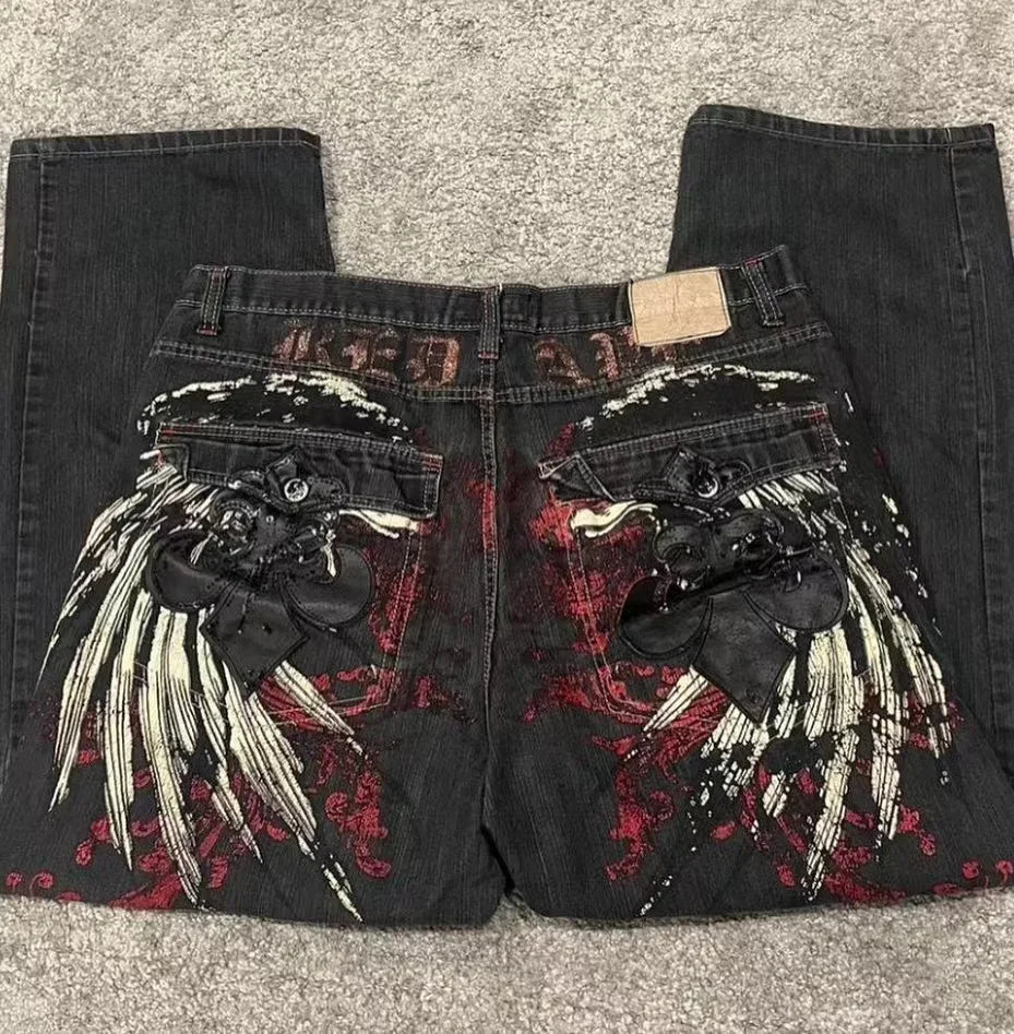Y2K Baggy Jeans Women Cartoon Characters Embroidered Light Blue Washed Denim Jeans Harajuku Goth Skateboard Pants Street Clothes