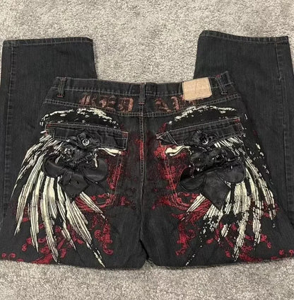 Y2K Baggy Jeans Women Cartoon Characters Embroidered Light Blue Washed Denim Jeans Harajuku Goth Skateboard Pants Street Clothes