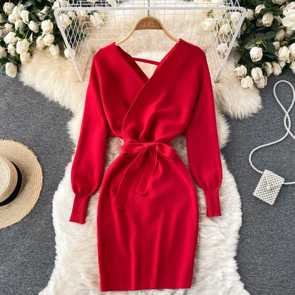YuooMuoo Women Dress 2025 Autumn Winter Elegant Sash Bandage Bodycon Mini Dress Chic Fashion Y2K Knitted Ladies Dresses Party