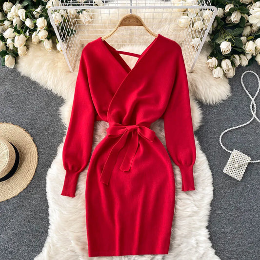 YuooMuoo Women Dress 2025 Autumn Winter Elegant Sash Bandage Bodycon Mini Dress Chic Fashion Y2K Knitted Ladies Dresses Party