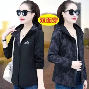 Double-Sided Wear Hooded Windbreaker Women Coat 2025 New Spring Autumn Korean Fashion Loose Jacket Female Mom Outwear Tops T947