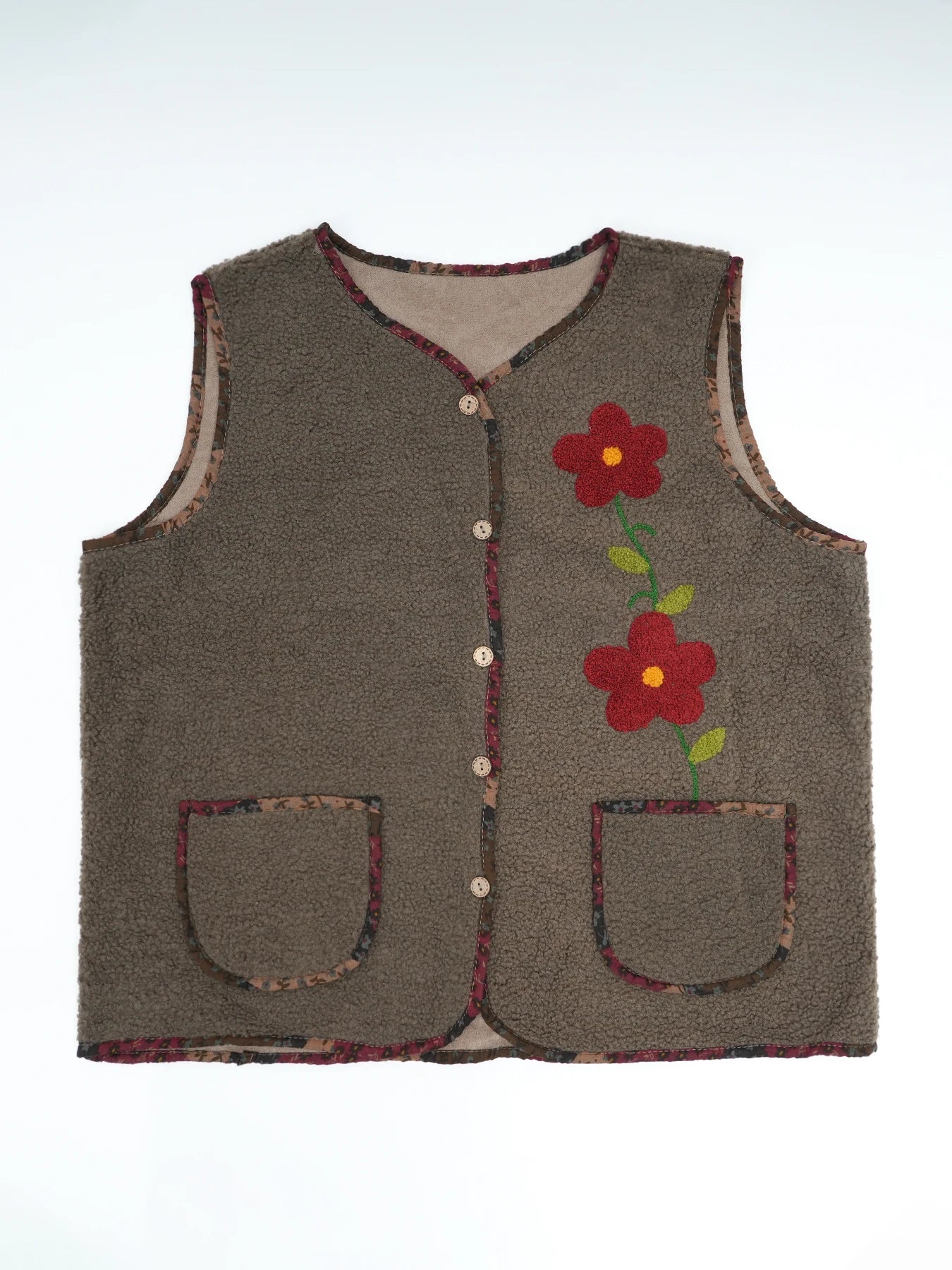 Autumn And Winter Warm Vest One Size Embroidered Flower Suede Lamb Vest Coat With Pockets For Women Sleeveless Loose Jacket
