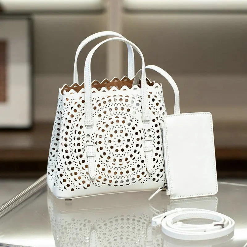 Brand Designer Luxury High Quality Mini Cowhide Shoulder Handbags 2025 Hollow Fashion Large Capacity Genuine Leather Bucket Bag