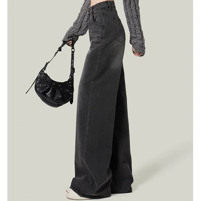Woman High Waist American Retro Wide Leg Jeans Female Harajuku Loose Straight Leg Pants Girls Designer Black Grey Denim Trousers