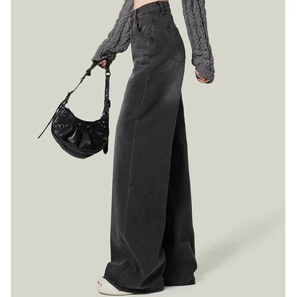 Woman High Waist American Retro Wide Leg Jeans Female Harajuku Loose Straight Leg Pants Girls Designer Black Grey Denim Trousers