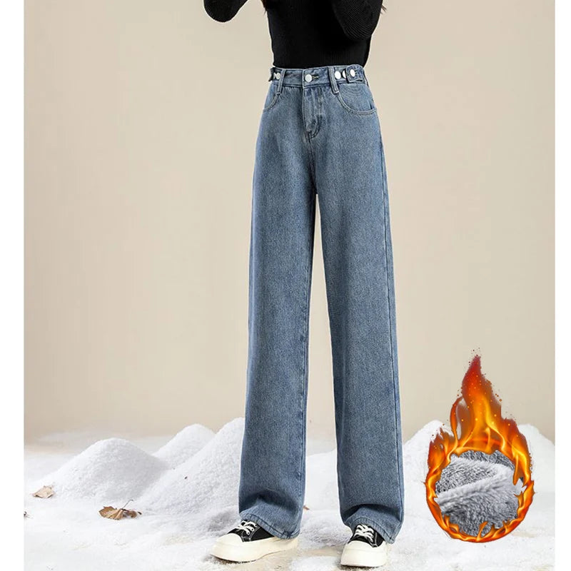 Winter Lady Solid Plush Thermal High Waist Jeans Girls Snow Warm Fleece Denim Pants Women Baggy Straight Leg Casual Trousers