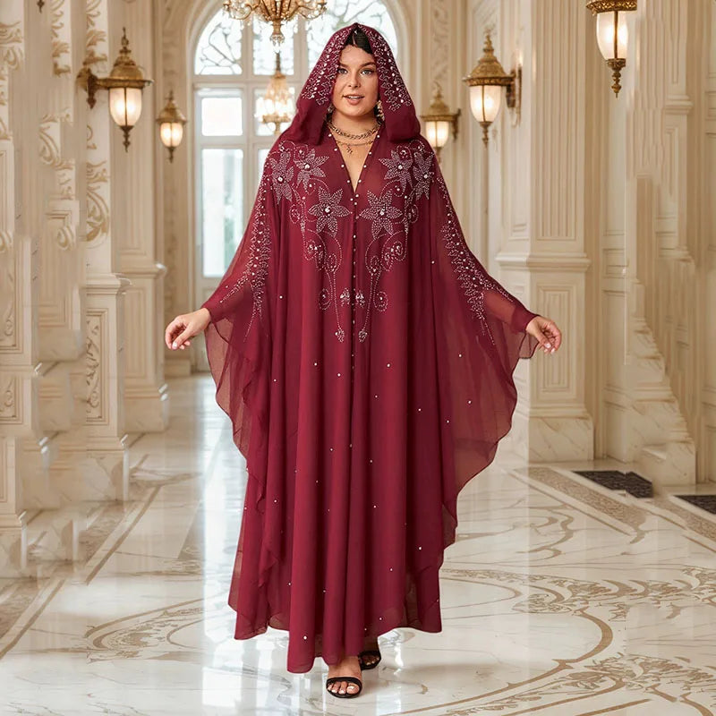 Middle East African Dresses for Woman Luxury Diamond Bead Muslim Long Robe Veiled Women Wearing Hooded Cloak Bat Sleeve Dress