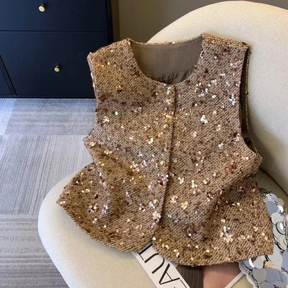 2025 New Women Heavy Sequins Fragrance Vest Coat Splicing New Vest Jacket Sleeveless Top Women Spring Summer Vest Jacket Female