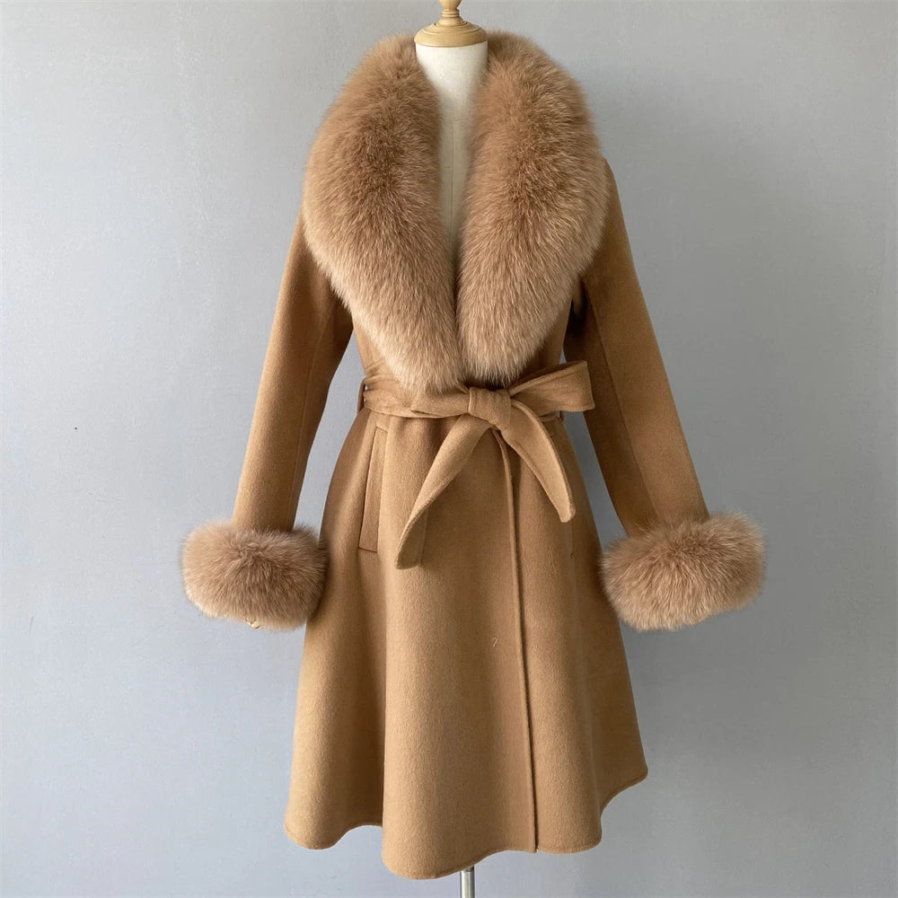 Jxwatcher Winter Cashmere Coat For Women Removable Natural Fox Fur Collar And Cuff Aautumn Ladies Fashion Streewear Long Outwear