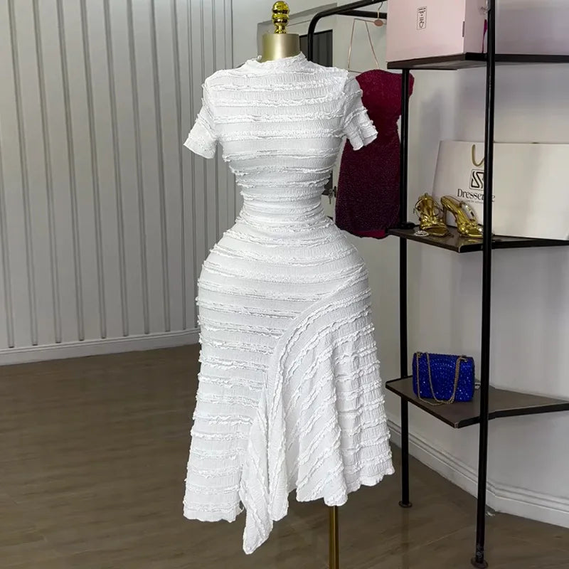 Women Short Sleeve 2025 New High Neck Big Swing Elastic Dress Sweet Elegant Sexy Birthday Night Party Vestidos Event Dresses