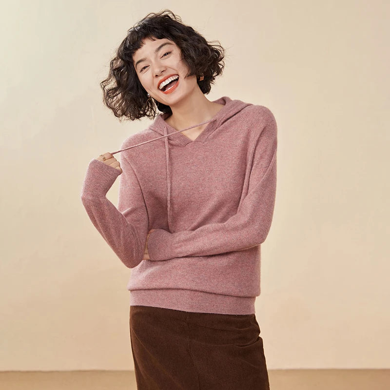 ADDONEE Women Cashmere Hooded Pullover Sweater 100% Cashmere Knitwear Spring Autumn Casual Simple Style Hoodie Clothing Tops