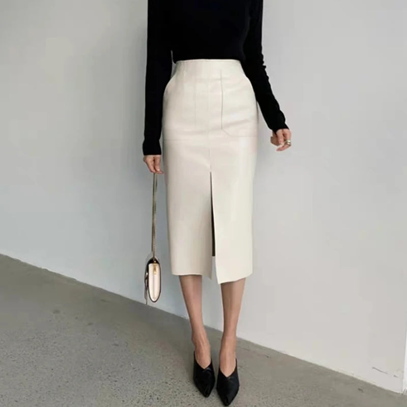 Slim Straight Faux Leather Skirts Women Spring New Package Hip Long PU Jupe Chic Split Designed Fashion Solid Mujer Faldas