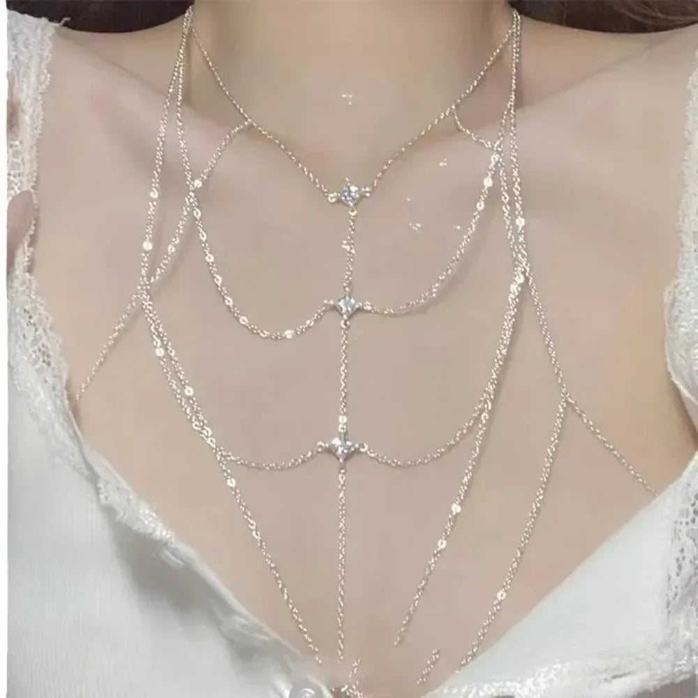 Body Jewelry Glitter Rhinestone Bust Chain Sexy Multilayer Silver Body Chain Luxury Trend Body Chain Jewelry Party