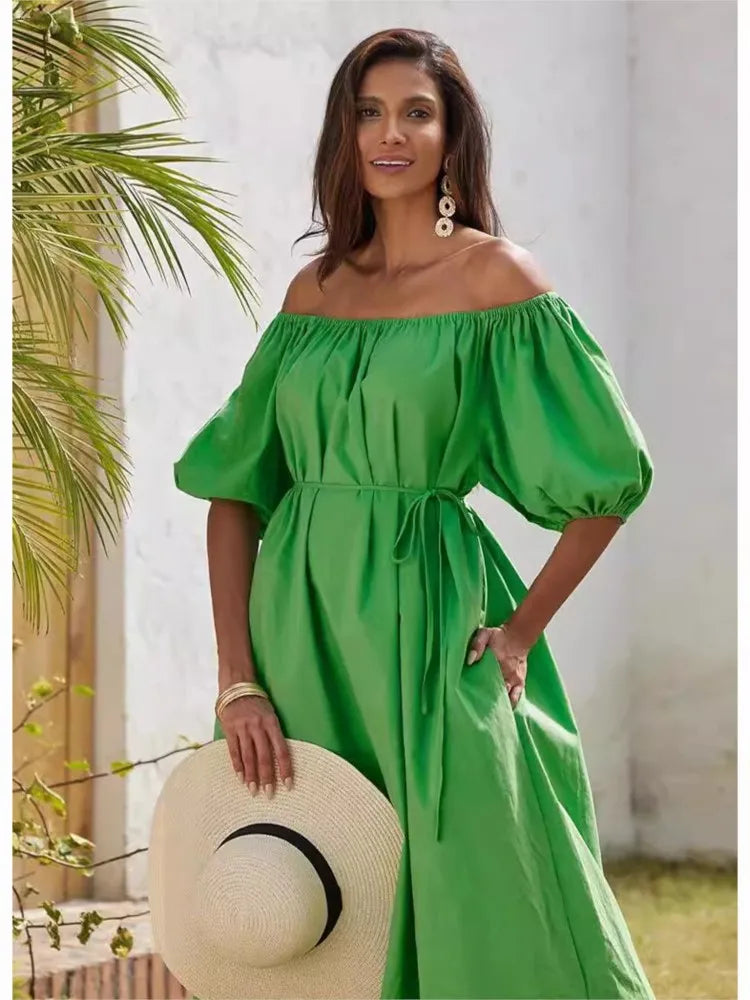 New Dress Casual Puff Sleeves Slant Shoulder Elegant Dress Fashion Green Loose Office Holiday Beach Party Dresses Robe Femme
