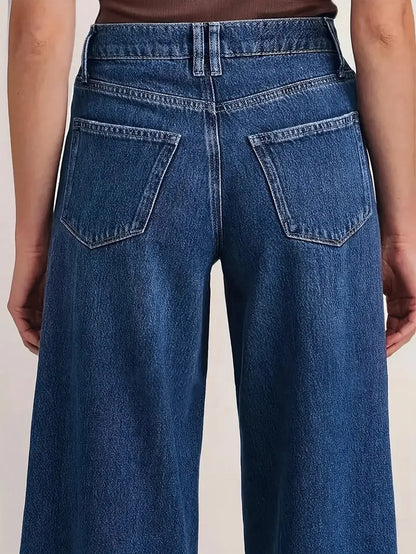 "Women’s Deep Blue Wide Leg Jeans - Stylish Denim Trousers for Comfort and Versatility