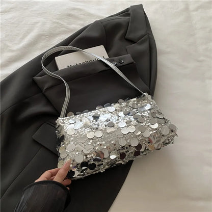 Fashion Lightweight Sequin Shoulder Bags Solid Color Large Capacity Underarm Bag Evening Party Tote Bag Women
