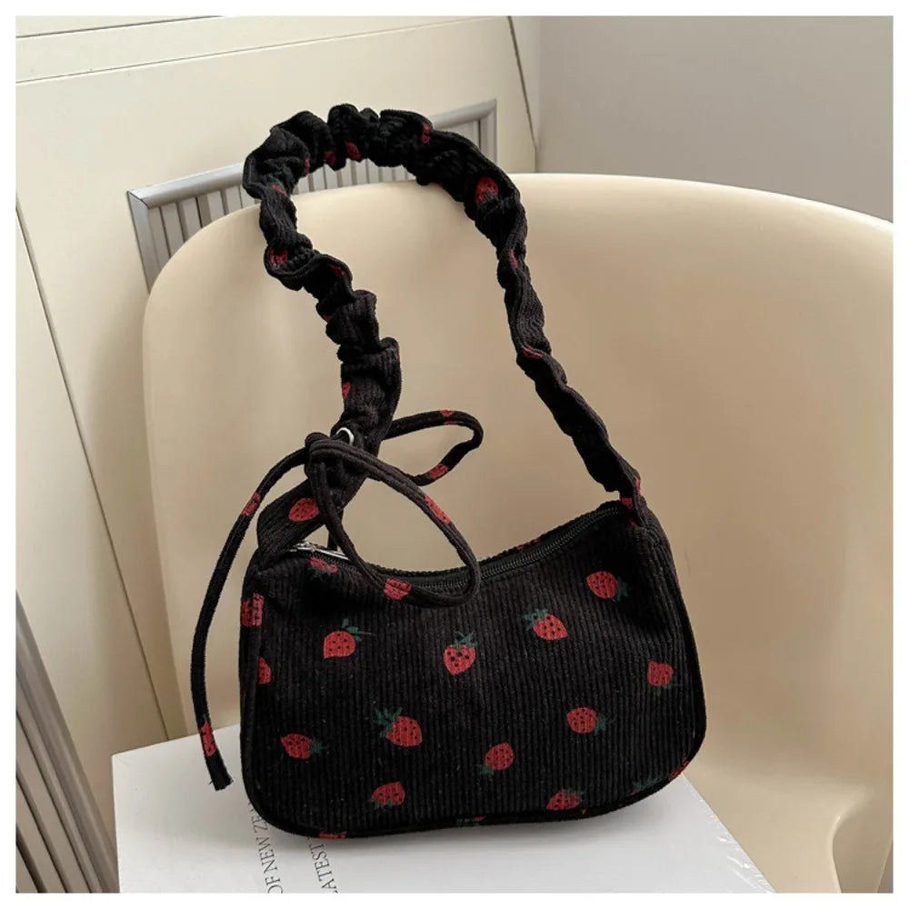 New Large Capacity Corduroy Tote Bag Women Girl Y2k Strawberry Shoulder Bag Sweet Trendy Zipper Underarm Bag Crossbody Bag
