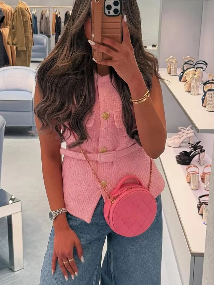 HH 2025 Elegant Women's Texture Belt Waistcoat Summer O-Neck Sleeveless Buttons Vest Jacket Female Slim Commuter Vest Tops