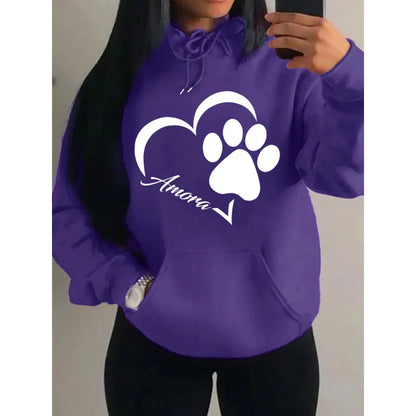 Love And Little Cat Foot Creative Print Women Hoody Fashion Autumn Sweatshirt Pocket Hoodie Sport Style Comfortable Pullover