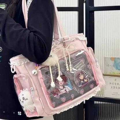 Japanese Sweet Women Ribbon Ita Bag Cute Lolita Girl Transparent Handbags Fashion Large Capacity Tote Bag Aesthetic Shoulder Bag