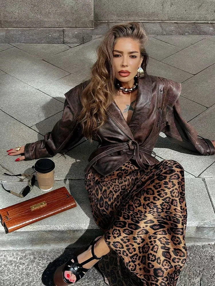 Street Solid Color Lace Up Leather Jacket Woman Waist Cinching Long Sleeves Lapel Coat Casual Versatile Women's New Chic Jackets