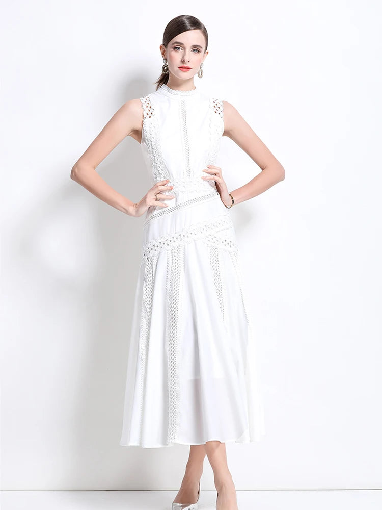 Elegant Women's Sleeveless midi dress Slim 2025 Summer Sky blue Lace patchwork dresses Luxury Black White Vestidos INKEO 5D069