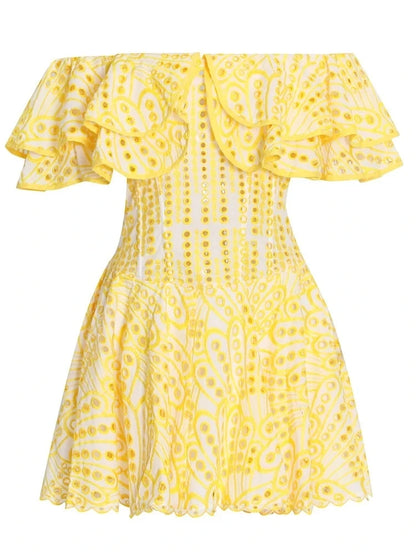 TWOTWINSTYLE Cut Out Mini Dress For Women Slash Neck Short Sleeve High Waist Solid Minimalist Dresses Female Summer Clothing New