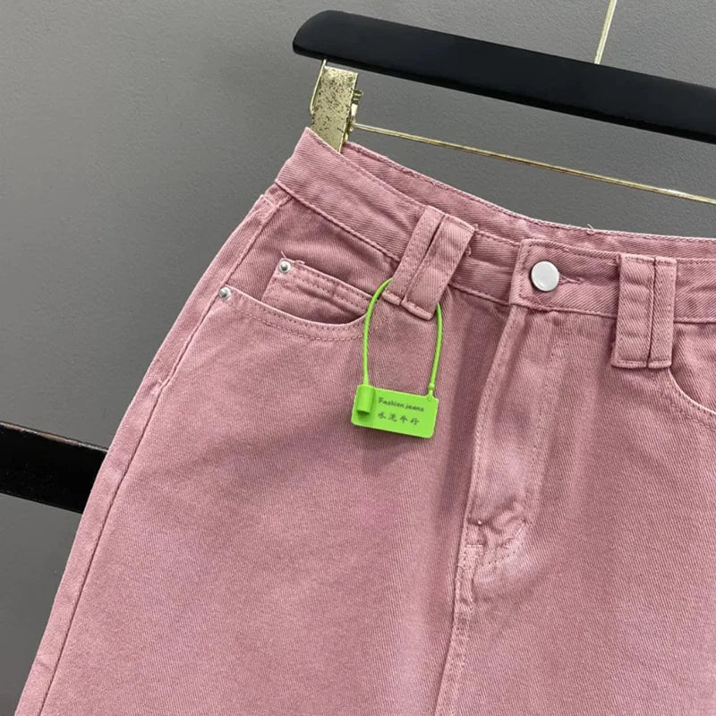 Women's High-waisted Denim Skirt 2026 New Pink A-shaped Back Split Hip Wrap Long Skirt