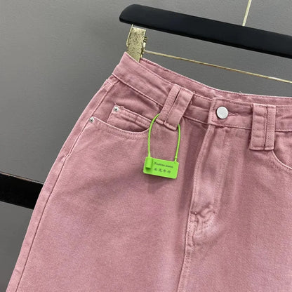 Women's High-waisted Denim Skirt 2026 New Pink A-shaped Back Split Hip Wrap Long Skirt