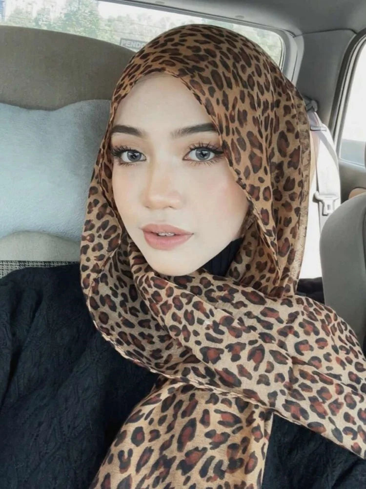 1pc Women Chiffon Classic Leopard Print Scarf Fashionable Comfortable Breathable Shawl Lightweight Headscarf Muslim HIjab Wraps